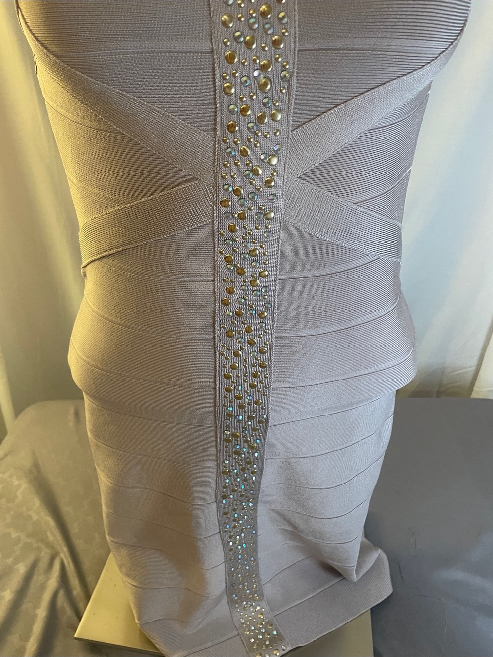 bebe Blush-Beige Beaded Front-Zip Midi Bandage Dress - Picture 5 of 6